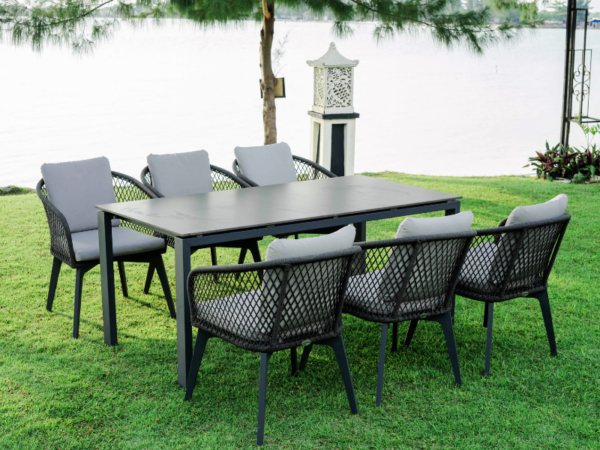 MADISON OUTDOOR DINNG TABLE WITH A GALVANIZED STRONG FRAME AND PHENOLIC TOP WITH MADISON DINING CHAIR